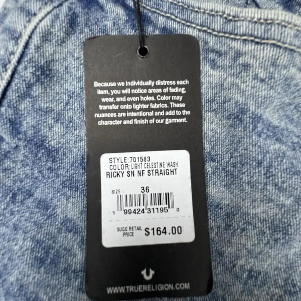 True Religion Ricky Jeans Mens 38x31 Blue Relaxed Straight Stretch Light Wash